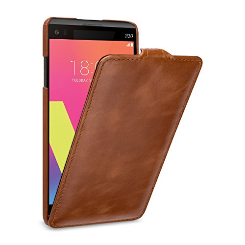 STILGUT UltraSlim Case Hülle Leder-Tasche für LG V20. Dünnes Flip-Case vertikal klappbar aus Echtleder für das Original LG V20, Cognac von STILGUT