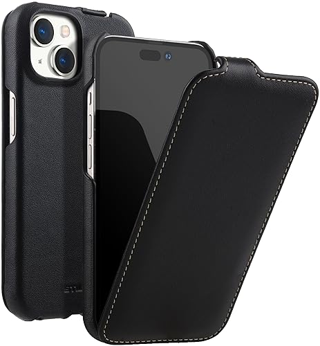 STILGUT UltraSlim Kompatibel mit iPhone 15 Hülle - Flip Case kompatibel mit MagSafe aus Leder, Klapphülle, Handyhülle, Lederhülle - Schwarz Nappa von STILGUT