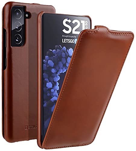STILGUT UltraSlim kompatibel mit Samsung Galaxy S21 Plus Hülle - Samsung S21 Plus 5G Flip Case aus Leder, Klapphülle, Handyhülle, Lederhülle - Cognac Antik von STILGUT
