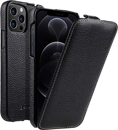 STILGUT UltraSlim kompatibel mit iPhone 12 Pro Max (6.7") Hülle - iPhone 12 Pro Max Flip Case aus Leder, Klapphülle, Handyhülle, Lederhülle - Schwarz von STILGUT