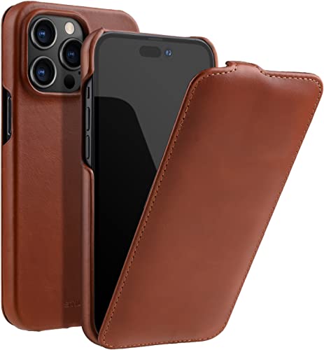 STILGUT UltraSlim kompatibel mit iPhone 14 Plus (6.7") Hülle - iPhone 14 Plus Flip Case aus Leder, Klapphülle, Handyhülle, Lederhülle - Cognac von STILGUT