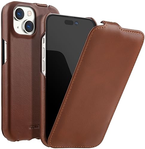STILGUT UltraSlim kompatibel mit iPhone 15 Plus Hülle - Case kompatibel mit MagSafe aus Leder, Klapphülle, Handyhülle, Lederhülle - Cognac von STILGUT