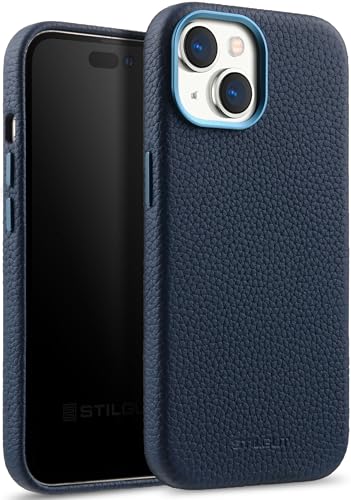 StilGut Cover kompatibel mit iPhone 15 Hülle aus Leder - iPhone 15 Case aus Leder Kompatibel mit MagSafe mit Tasten & Kameraeinfassung aus Metall, Ledercase - Blau von STILGUT