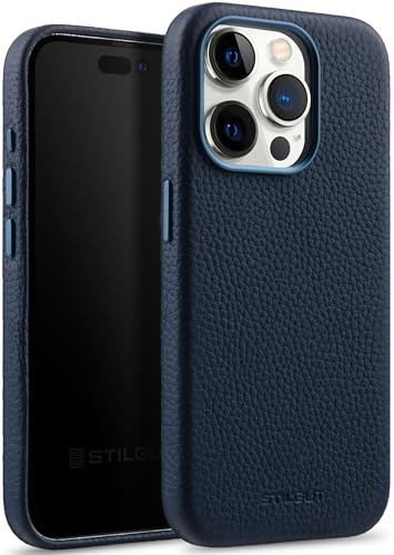 StilGut Cover kompatibel mit iPhone 15 Pro Max Hülle aus Leder - iPhone 15 Pro Max Case aus Leder Kompatibel mit MagSafe, mit Tasten & Kameraeinfassung aus Metall, Ledercase - Blau von STILGUT