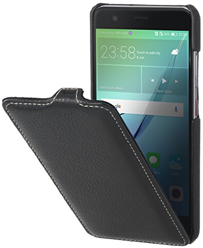StilGut UltraSlim Case Hülle Leder-Tasche für Huawei nova. Dünnes Flip-Case vertikal klappbar aus Echtleder für das Original Huawei nova, Schwarz von STILGUT