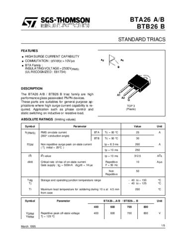 STMicroelectronics BTA26-700BRG Thyristor (SCR) - TRIAC TOP-3 25A 700V von STMICROELECTRONICS