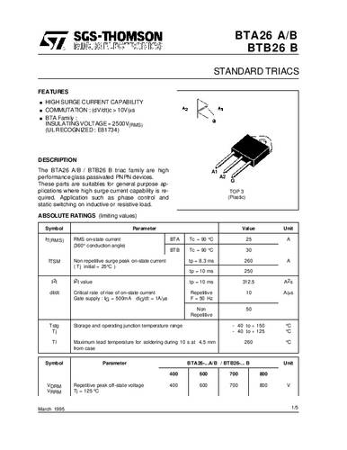 STMicroelectronics BTA26-700BRG Thyristor (SCR) - TRIAC TOP-3 25A 700V von STMICROELECTRONICS