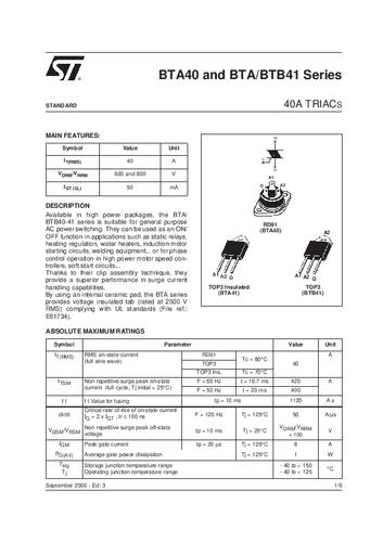 STMicroelectronics BTA40-600B Thyristor (SCR) - TRIAC RD91 40A 600V von STMICROELECTRONICS