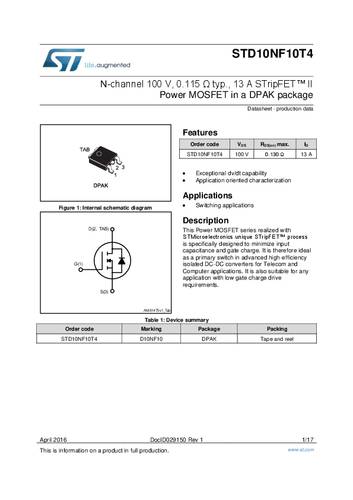 STMicroelectronics STD10NF10T4 MOSFET 1 N-Kanal 50W TO-252 von STMICROELECTRONICS