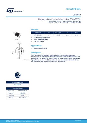 STMicroelectronics STD20NF06LT4 MOSFET 1 N-Kanal 60W TO-252 von STMICROELECTRONICS