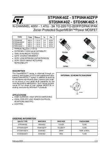 STMicroelectronics STD5NK40ZT4 MOSFET 1 N-Kanal 45W TO-252 DPAK STMicroelectronics STD5NK40ZT4 MOSFET 1 N-Kanal 45W TO-252 DPAK von STMICROELECTRONICS