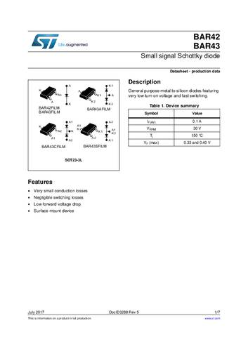 STMicroelectronics Schottky-Diode BAR43AFILM SOT-23 Tape on Full reel von STMICROELECTRONICS