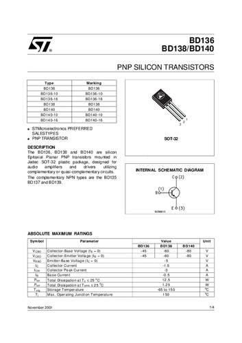 STMicroelectronics Transistor (BJT) - diskret BD138 SOT-32 Anzahl Kanäle 1 PNP von STMICROELECTRONICS