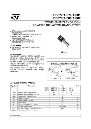 STMicroelectronics Transistor (BJT) - diskret BD678 SOT-32-3 Anzahl Kanäle 1 PNP - Darlington von STMICROELECTRONICS