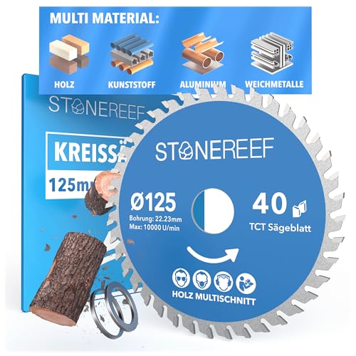 STONE REEF Sägeblatt 125x22,23 - Kreissägeblatt [inkl. Adapter auf Bohrung 20 &16mm], kompatibel mit Winkelschleifer von Bosch, Makita usw. - Sägeblatt Kreissäge Nagelfest - für Holz, Metall & Alu von STONE REEF