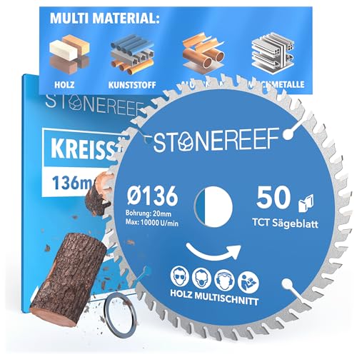 STONE REEF Sägeblatt 136x20 - Kreissägeblatt [inkl. Adapter auf Bohrung 16mm], kompatibel mit Tauchsäge & Kreissäge von Bosch, Makita usw. - Sägeblatt Kreissäge Nagelfest, ideal für Holz, Metall & Alu von STONE REEF