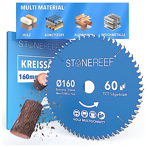 STONE REEF Sägeblatt 160x20 - Kreissägeblatt kompatibel mit Tauchsäge & Kreissäge von Bosch, Makita usw. - Sägeblatt Kreissäge Nagelfest, ideal für Holz, Metall & Alu von STONE REEF