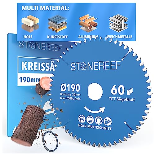 STONE REEF Sägeblatt 190x30 - Kreissägeblatt [inkl. Adapter auf Bohrung 25mm], kompatibel mit Tauchsäge & Kreissäge von Bosch, Makita usw. - Sägeblatt Kreissäge Nagelfest, ideal für Holz, Metall & Alu von STONE REEF