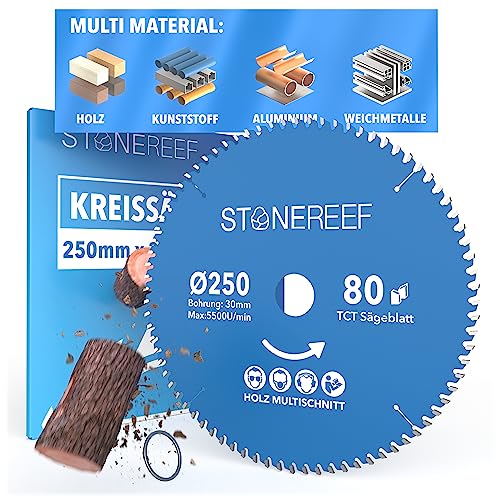 STONE REEF Sägeblatt 250x30 - Kreissägeblatt [inkl. Adapter auf Bohrung 25mm], kompatibel mit Tauchsäge & Kreissäge von Bosch, Makita usw. - Sägeblatt Kreissäge Nagelfest, ideal für Holz, Metall & Alu von STONE REEF