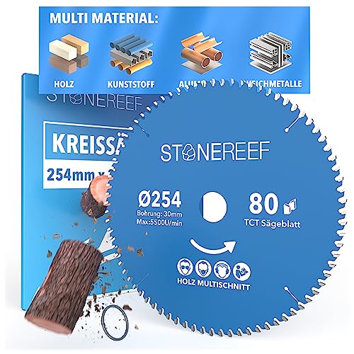 STONE REEF Sägeblatt 254x30 - Kreissägeblatt [inkl. Adapter auf Bohrung 25mm], kompatibel mit Tauchsäge & Kreissäge von Bosch, Makita usw. - Sägeblatt Kreissäge Nagelfest, ideal für Holz, Metall & Alu von STONE REEF