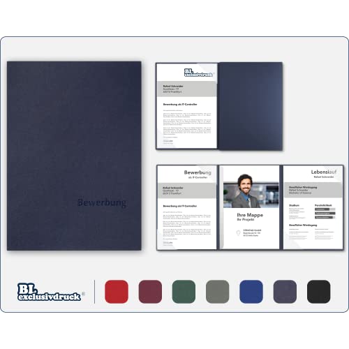 5 Stück 3-teilige Bewerbungsmappen BL-exclusivdruck® EASY in Marineblau - Premium-Qualität mit edler Relief-Prägung 'Bewerbung' - Produkt-Design von 'Mario Lemani' von STRATAG