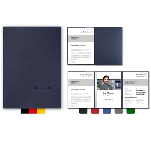 5 Stück 3-teilige Bewerbungsmappen BL-exclusivdruck® EASY in Marineblau - Premium-Qualität mit edler Relief-Prägung 'Bewerbung' - Produkt-Design von 'Mario Lemani' von STRATAG