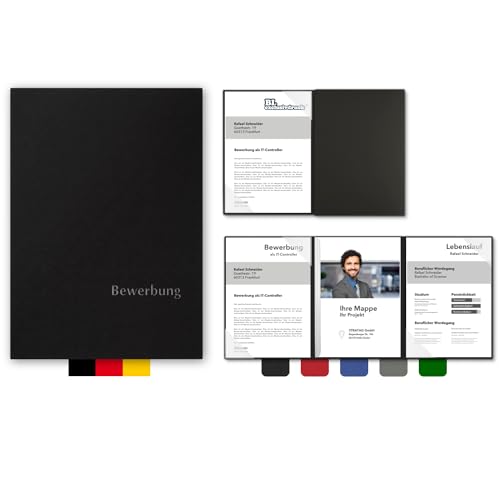 5 Stück 3-teilige Bewerbungsmappen BL-exclusivdruck® EASY in Schwarz - Premium-Qualität mit edler Relief-Prägung 'Bewerbung' - Produkt-Design von 'Mario Lemani' von STRATAG