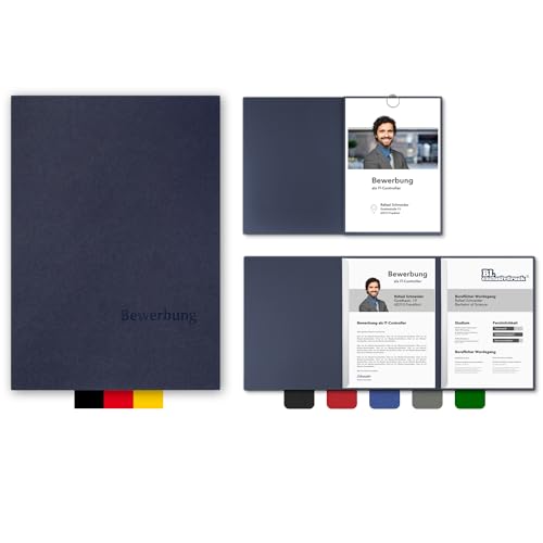 5 Stück 3-teilige Bewerbungsmappen BL-exclusivdruck® OPTIMA in Marineblau - Premium-Qualität mit edler Relief-Prägung 'Bewerbung' - Produkt-Design von 'Mario Lemani' von STRATAG