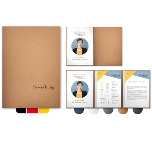 5 Stück 3-teilige Bewerbungsmappen Esclusiva® Elite-plus in Kupfer mit 2 Klemmschienen // in 1A-Premium-Qualität mit hochwertiger Flach-Prägung „BEWERBUNG“ // Produkt-Design von "Mario Lemani" von STRATAG