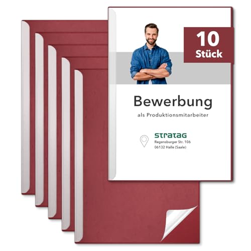 STRATAG Klemmschienen-Bewerbungsset Start Basic (Bordeaux, 10 Stück) mit transparentem Deckel aus PP Kunststoff sowie Binderücken aus robustem 290 g/m² Karton Lederstruktur (10 Bewerbungsmappen Rot) von STRATAG