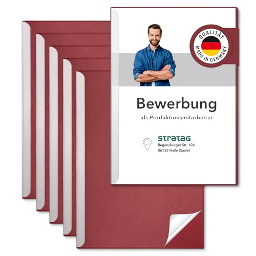 STRATAG Klemmschienen-Bewerbungsset Start Basic (Bordeaux, 5 Stück) mit transparentem Deckel aus PP Kunststoff sowie Binderücken aus robustem 290 g/m² Karton Lederstruktur (5 Bewerbungsmappen Rot) von STRATAG