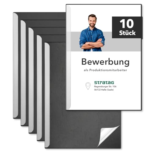 STRATAG Klemmschienen-Bewerbungsset Start Basic (Schwarz, 10 Stück) mit transparentem Deckel aus Kunststoff sowie Binderücken aus robustem 290 g/m² Karton Lederstruktur (10 Bewerbungsmappen Schwarz) von STRATAG