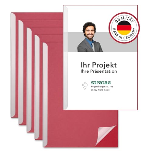 STRATAG Klemmschienen-Set (6 Stück) mit transparentem Deckel aus PP Kunststoff sowie Binderücken aus stabilem 350 g/m² Karton (Klemmmappe A4 Rot Rubinrot) von STRATAG