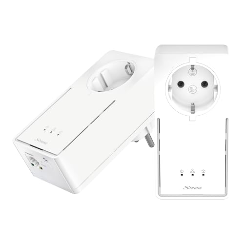 STRONG - Powerline 2000 Duo EU Set - 2 Powerline-Adapter - 2000 Mbps, Fast-Internetzugang - integrierte Steckdose - 300 m Reichweite - Für IPTV, HD Streaming, Gaming - LAN-Anschluss - weiß von STRONG