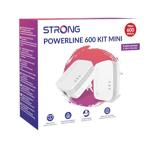 STRONG Powerline 600 KIT Mini mit 600 Mbits/s, Reichweite von 300m, 1x LAN Anschluss PowerLAN-Adapter, 2 Geräte für besten Empfang im ganzen Haus von STRONG