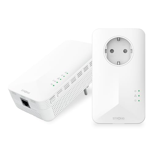 STRONG - Powerline 1000 Duo Wi-Fi EU Set - Powerline 1000 Mbps + WLAN Adapter 1200 Mbps, Fast-Internetzugang - integrierte Steckdose - 300 m Reichweite - Für alle Router - Hotspot + Ethernet - weiß von STRONG