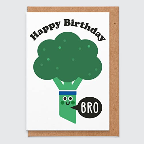 Geburtstagskarte für den Bruder oder Schwager – Aufschrift: „Happy Birthday Bro“ – Brokkoli-Motiv – witzige vegetarische Geburtstagskarte – lustig, albern, nett – für die Herren der Schöpfung von STUDIO BOKETTO