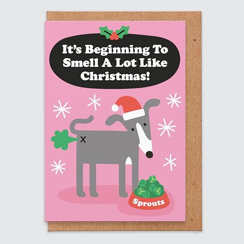 Lustige Hunde-Weihnachtskarte mit Aufschrift "It's Beginning To Smell A lot Like Christmas" von STUDIO BOKETTO