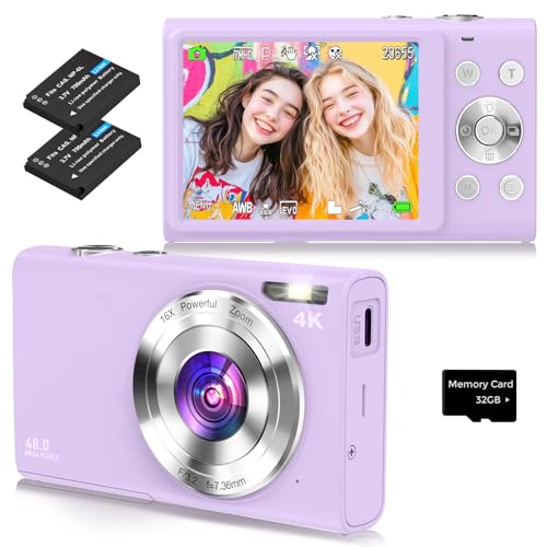 Digitalkamera, 4K Autofokus Fotoapparat Fotokamera mit 32G SD Karte HD 48MP mit 2.8" großem Bildschirm, 16X Digitalzoom, Kompaktkamera Tragbare Mini Kamera für Erwachsene, Anfänger（Lila） von STUOGYUM