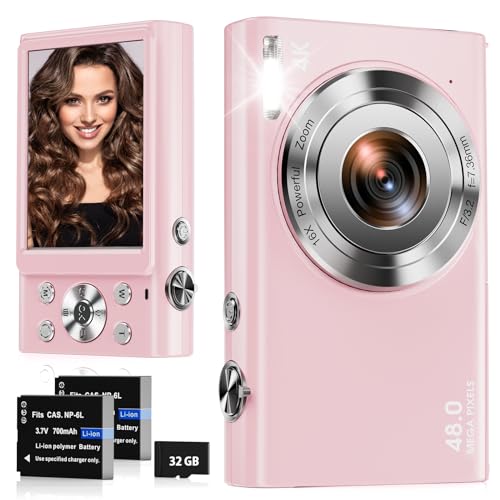 Digitalkamera, 4K Autofokus Fotoapparat Fotokamera mit 32G SD Karte HD 48MP mit 2.8" großem Bildschirm, 16X Digitalzoom, Kompaktkamera Tragbare Mini Kamera für Erwachsene, Anfänger（Rosa） von STUOGYUM