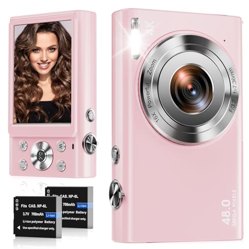 Digitalkamera, 4K Autofokus Fotokamera HD 48MP mit 2,8" großem Bildschirm, 16X Digitalzoom, Kompaktkamera für Fotografie, Fotoapparat für Teenager, Erwachsene, Anfänger（Rosa） von STUOGYUM