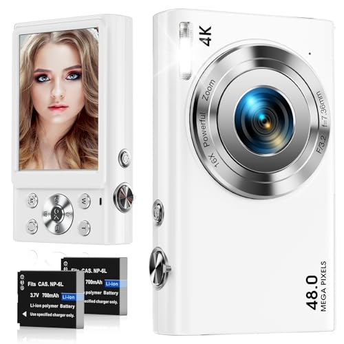 Digitalkamera, 4K Autofokus Fotokamera HD 48MP mit 2,8" großem Bildschirm, 16X Digitalzoom, Kompaktkamera für Fotografie, Fotoapparat für Teenager, Erwachsene, Anfänger（weiß） von STUOGYUM
