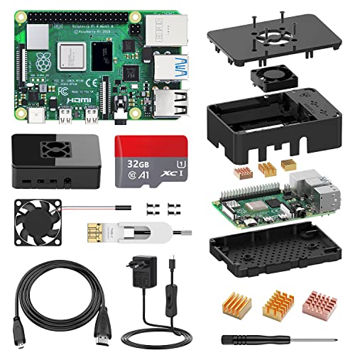 STUUC Raspberry Pi 4 – Modell B, 2 GB und 32 GB, Netzteil mit 5 V und 3 A, Ein-/Ausschalter, Lüfter, Kühlkörper, schwarzes Gehäuse, Kartenleser, HDMI-Kabel von STUUC