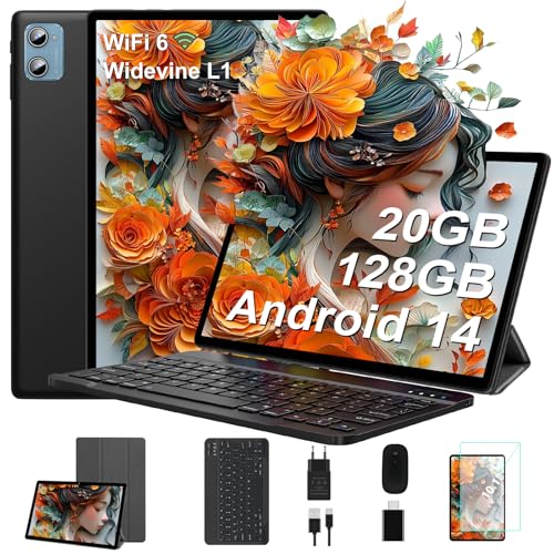 SUAAT 2025 Neueste Tablet 10 Zoll Android 14 Widevine L1 20GB RAM+128GB ROM(TF 1TB), Octa-Core,WLAN 6,GMS, 6000mAh, BT 5.0, 1280 * 800, 8MP+5MP, Tablet mit Tastatur und Maus,Schwarz von SUAAT