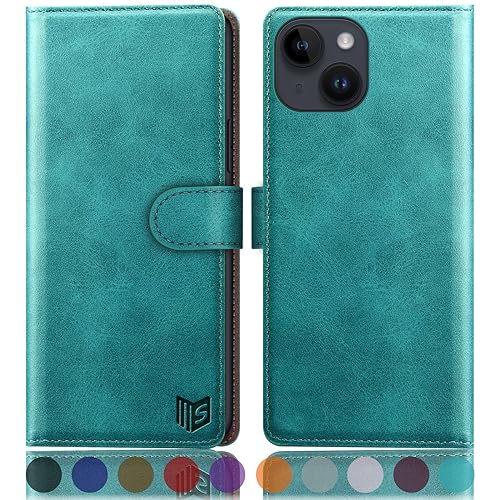 SUANPOT Design für iPhone 15 6.1" Hülle PU Leder [RFID Schutz] Handyhülle Lederhülle Klapphülle Kartenfach Flip Cover für Apple 15 Handy hülle Leather Wallet Phone Case Blau Grün von SUANPOT