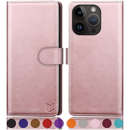 SUANPOT Design für iPhone 15 Pro 6.1" Hülle PU Leder [RFID Schutz] Handyhülle Lederhülle Klapphülle Kartenfach Flip Cover für Apple 15 Pro Handy hülle Leather Wallet Phone Case Roségold von SUANPOT