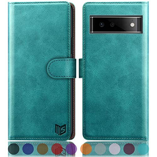 SUANPOT [RFID Schutz für Google Pixel 6 Hülle PU Leder Handyhülle Lederhülle Klapphülle Kartenfach Flip Cover für Pixel 6 Handy hülle Leather Wallet Phone Case Blau Grün von SUANPOT