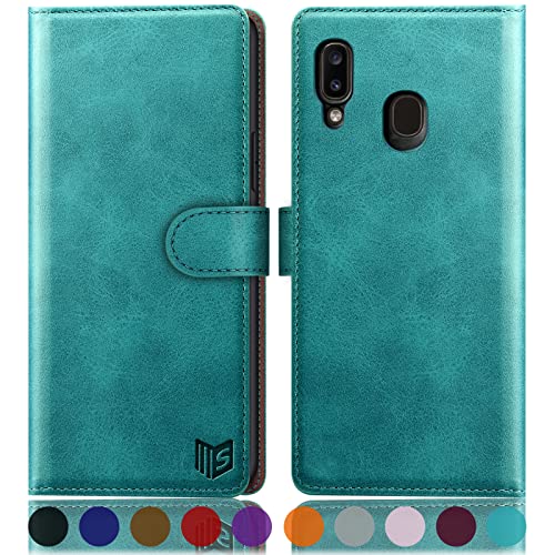 SUANPOT [RFID Schutz für Samsung Galaxy A20e hülle PU Leder handyhülle Lederhülle klapphülle Kartenfach Flip Phone Case Cover für Samsung A20e Handy hülle Phone case Cover Blau Grün von SUANPOT