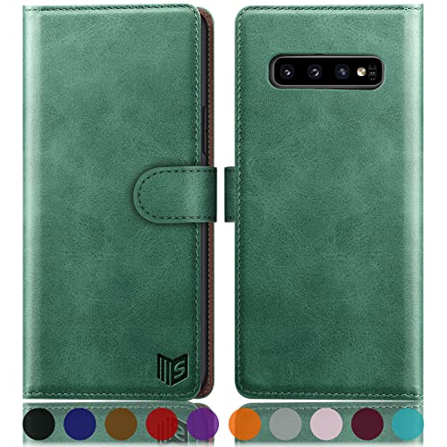 SUANPOT [RFID Schutz für Samsung Galaxy S10 plus/10+ Hülle PU Leder Handyhülle Lederhülle Klapphülle Kartenfach Flip Cover für Samsung 10+ Handy hülle Leather Wallet Phone Case Hellgrün von SUANPOT