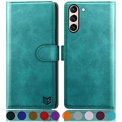 SUANPOT [RFID Schutz für Samsung Galaxy S21 FE 5G Hülle PU Leder Handyhülle Lederhülle Klapphülle Kartenfach Flip Cover für Samsung S21 FE Handy hülle Leather Wallet Phone Case Blau Grün von SUANPOT